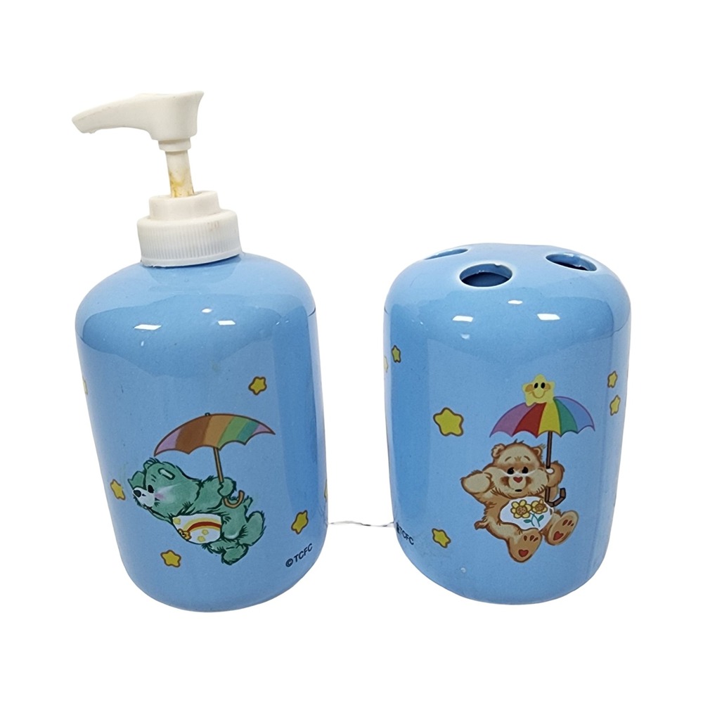 Vintage Care Bears Ceramic‎ Soap Dispenser and Toothbrush Holder Set Blue TCFC